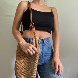 Woven Shoulder Tote Bag in Tan with Leather Strap